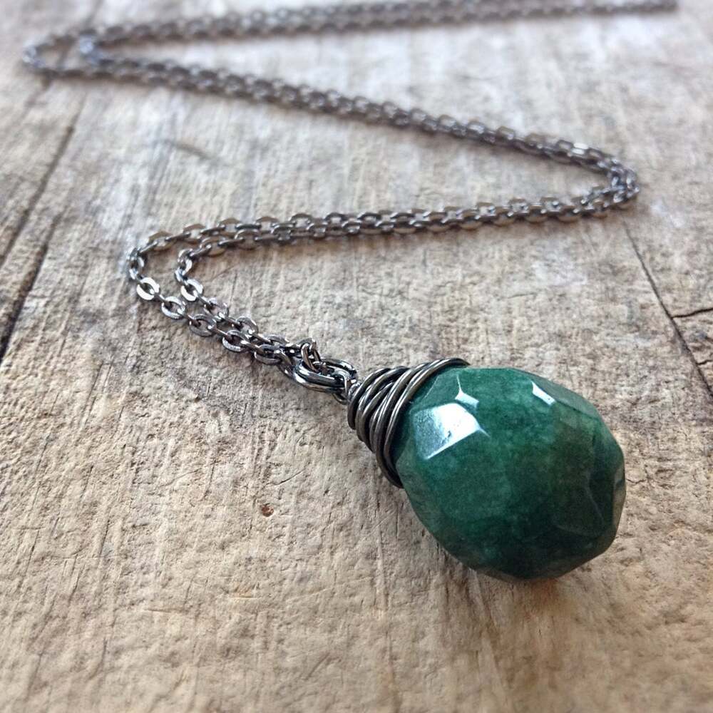 Emerald Green May Birthstone Necklace Wire Wrapped Faceted Glass Teardrop Charm